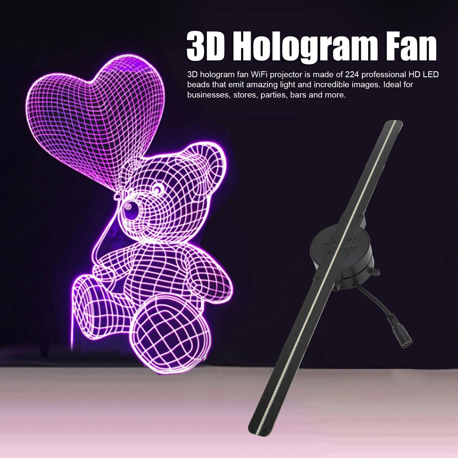 3D Hologram Fan, 3D Projector with Wifi for Advertising & Display, 224 LED Light Beads, 2000 x 224 resolution