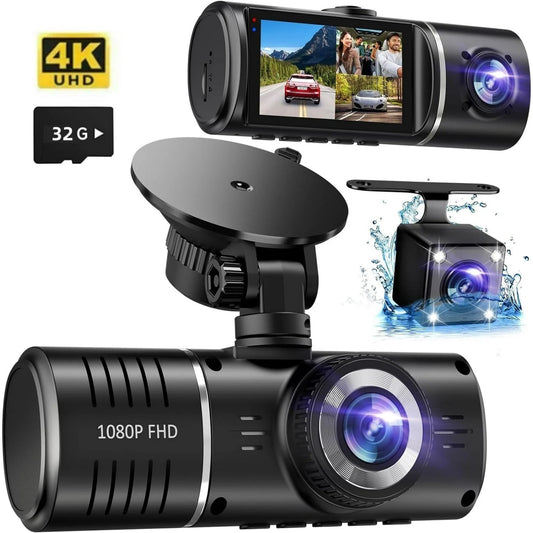 3 Channel Dash Cam, 4K+1080P - Front, Inside & Rear With Night Vision And 32GB SD Card