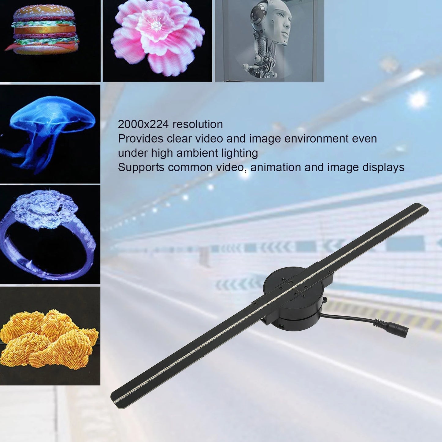 3D Hologram Fan, 3D Projector with Wifi for Advertising & Display, 224 LED Light Beads, 2000 x 224 resolution